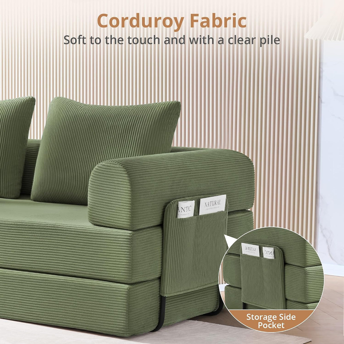 4-in-1 Folding Convertible Sofa Bed, 78 Inch Oversized Corduroy Loveseat Sleeper with Pull Out Bed, Futon Couch for Living Room Bedroom, No Assembly Needed, Olive Green