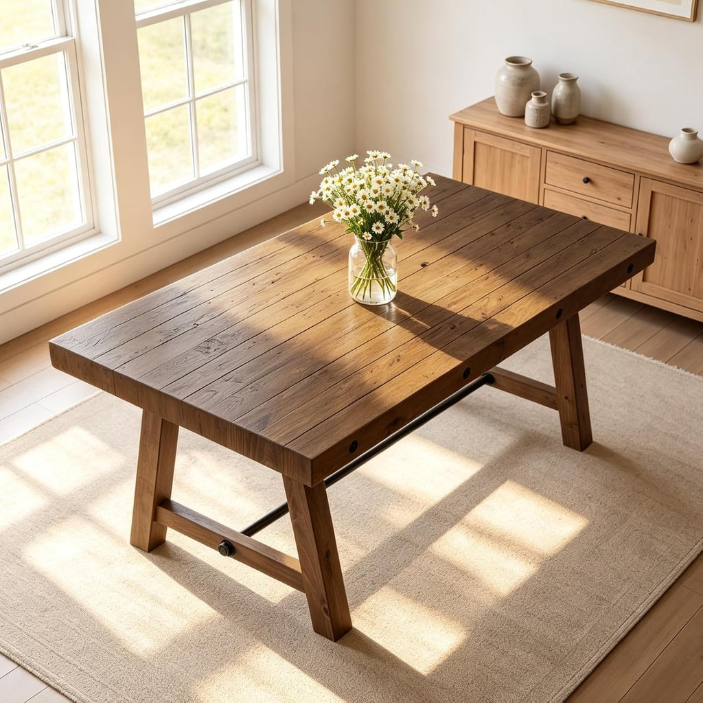 Rustic Farmhouse Dinning Table, Reclaimed Solid Wood Kitchen & Dining Room Table for 4-6 People, 59" Wooden Rectangular Kitchen Table with Trestle Base for Dining/Kitchen Room, Walnut