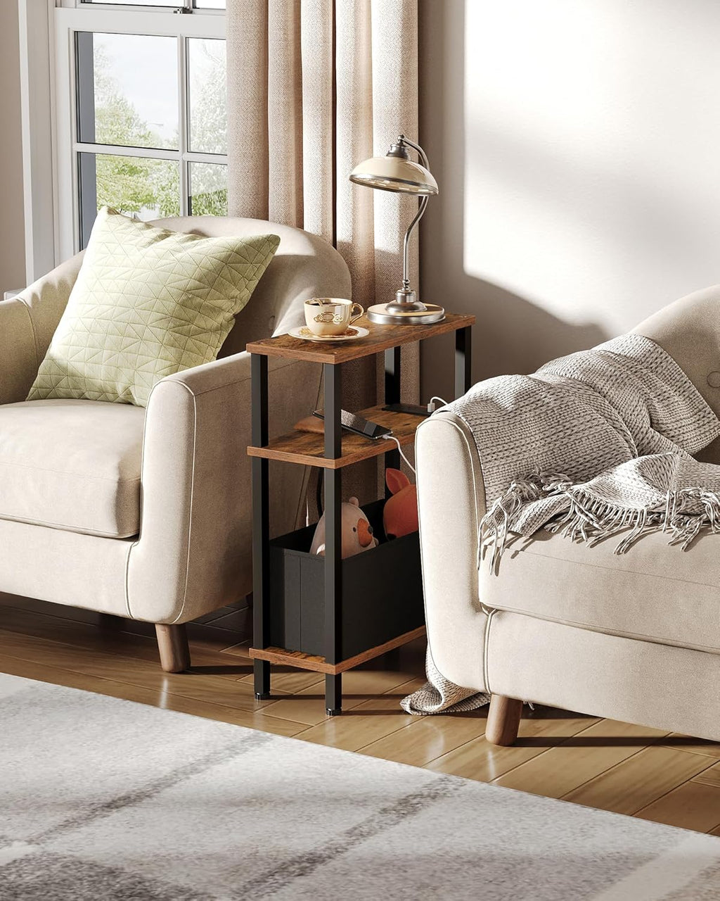 CHOEZON Narrow Side Table and Mini Fridge Stand with Storage, Skinny End Table with Fabric Basket, Mini Fridge Cabinet with Mobile Basket Cart, for Living Room, Bedroom, Rustic Brown TBZ07UBF-TBZ55BF