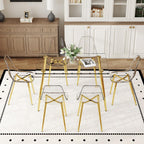 Ebullient Glass Dining Table Set for 6, 51" Clear Tempered Glass Table with Gold Chrome Metal Legs and 6 Transparent Acrylic Chairs, Compact Modern Kitchen Table Set for Small Space Dining Room