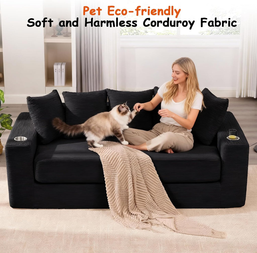 76" Convertible Sofa Bed, Corduroy Couch with Cup Holders & Pocket | 2-in-1 Sleeper Sofa, Pull-out Couch Bed with 5 Pillows, Living Room, Small Spaces, Bedroom, No Assembly