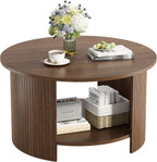 Round Coffee Table with Storage, 31.5" Modern Fluted Center Table, 2-Tier Mid Century Coffee Table, Wood Circle Table for Living Room, Home Office, Small Space, Walnut