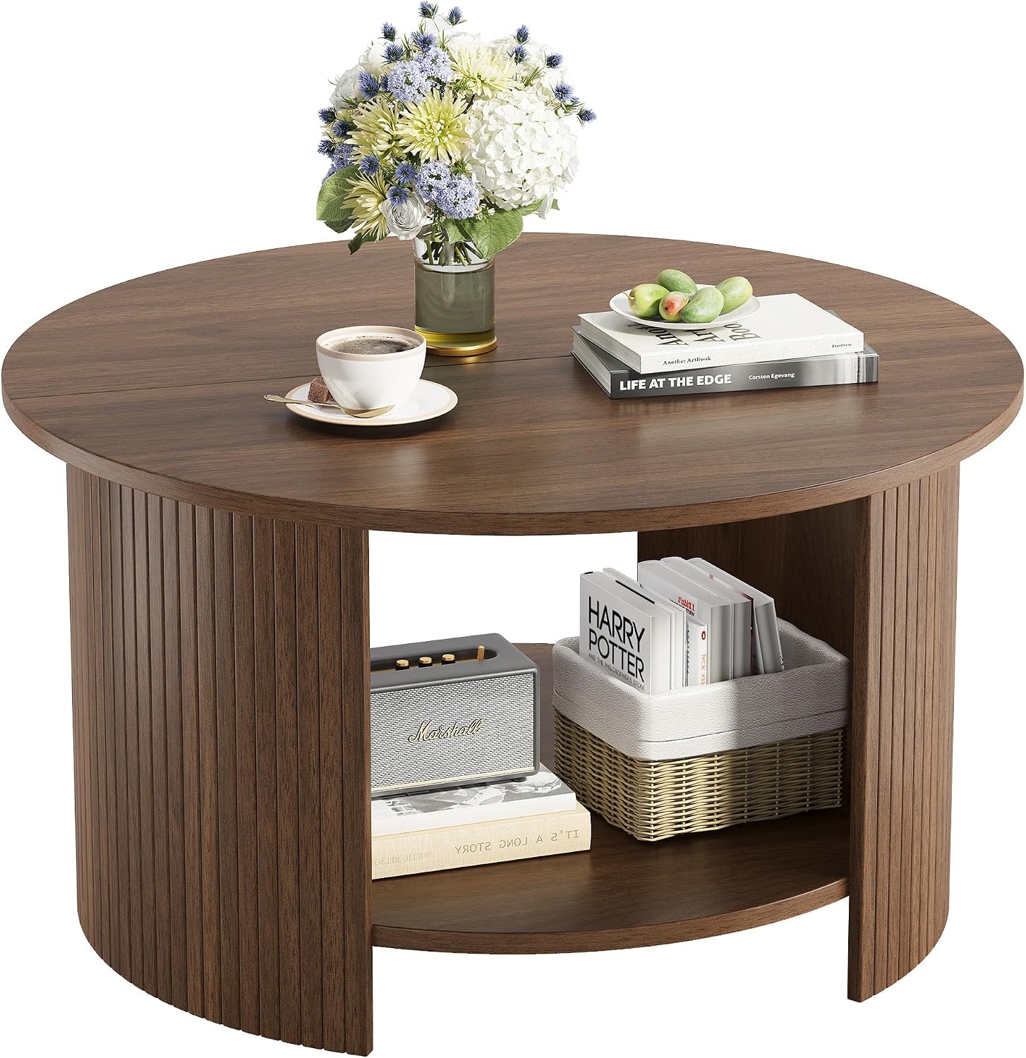 Round Coffee Table with Storage, 31.5" Modern Fluted Center Table, 2-Tier Mid Century Coffee Table, Wood Circle Table for Living Room, Home Office, Small Space, Walnut