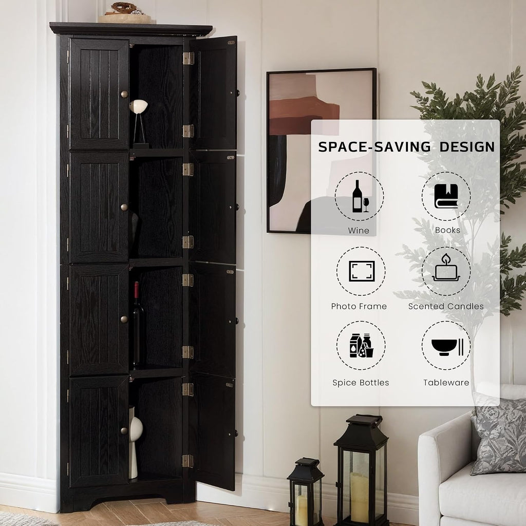 Corner Storage Cabinet 72" H Wooden Kitchen Pantry with 8 Doors, Freestanding Bookshelf Cabinet with Adjustable Shelves for Living Room (Black & Style 2)