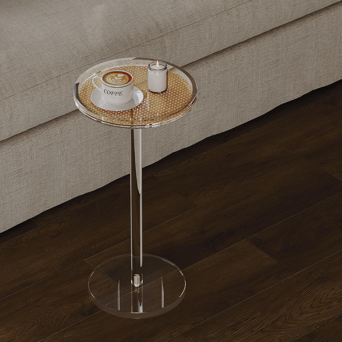 HMYHUM Acrylic Rattan Drink Table for Small Spaces, 11.8'' L x 11.8'' L x 24'' H, Round Coffee Martini Drink Side Table with Pedestal for Living Room, Corners, Sofa, Clear, Easy Assembly