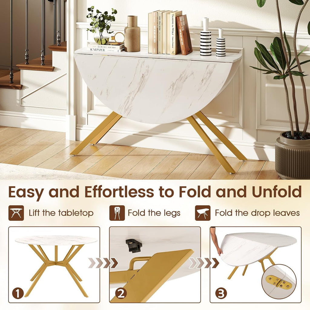 Giantex Folding Dining Table for 4-6 People, 47" Round Drop Leaf Table with Metal Frame, Mid-Century Modern Expandable Kitchen Tables for Small Spaces Dinette Living Room Restaurant (White)