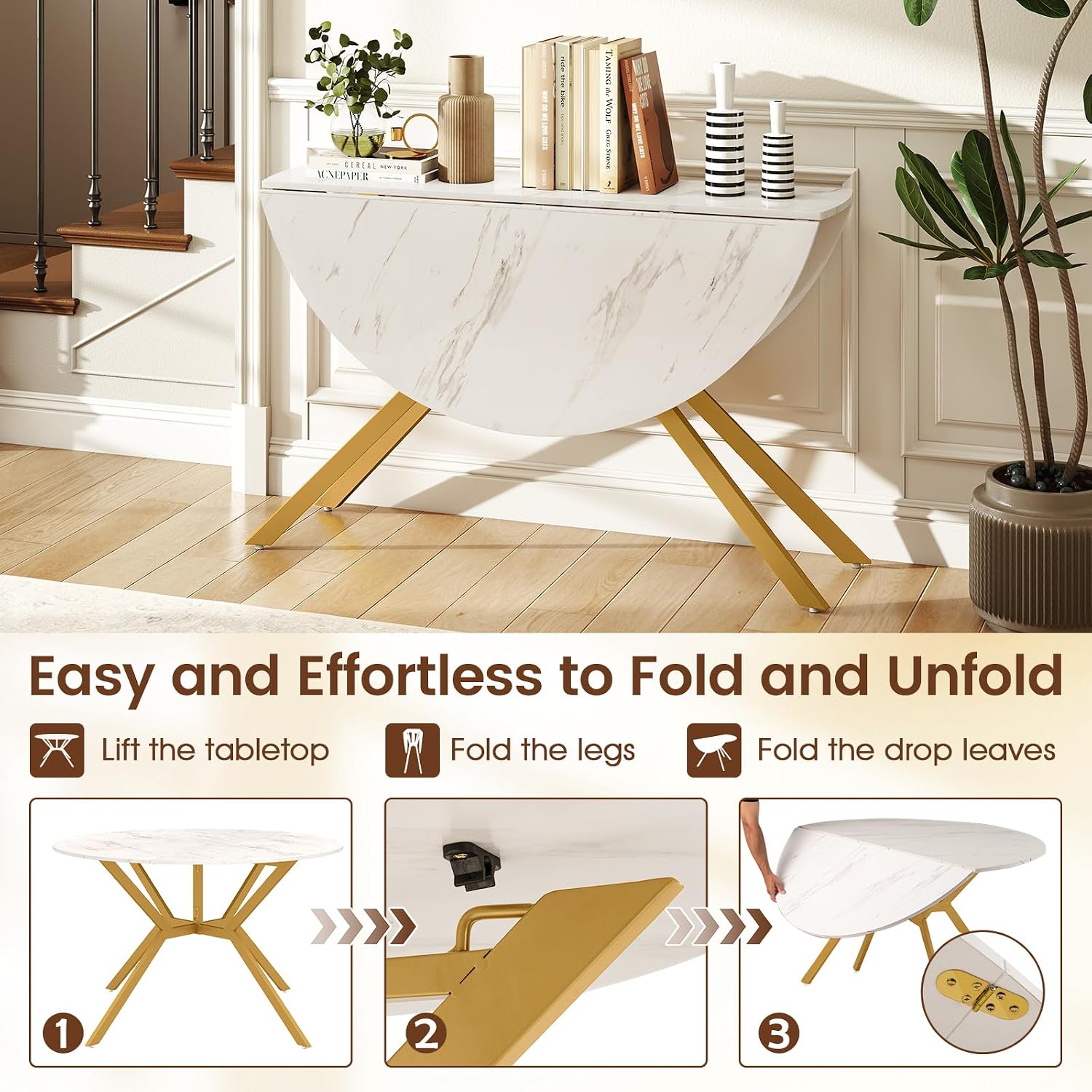 Giantex Folding Dining Table for 4-6 People, 47" Round Drop Leaf Table with Metal Frame, Mid-Century Modern Expandable Kitchen Tables for Small Spaces Dinette Living Room Restaurant (White)