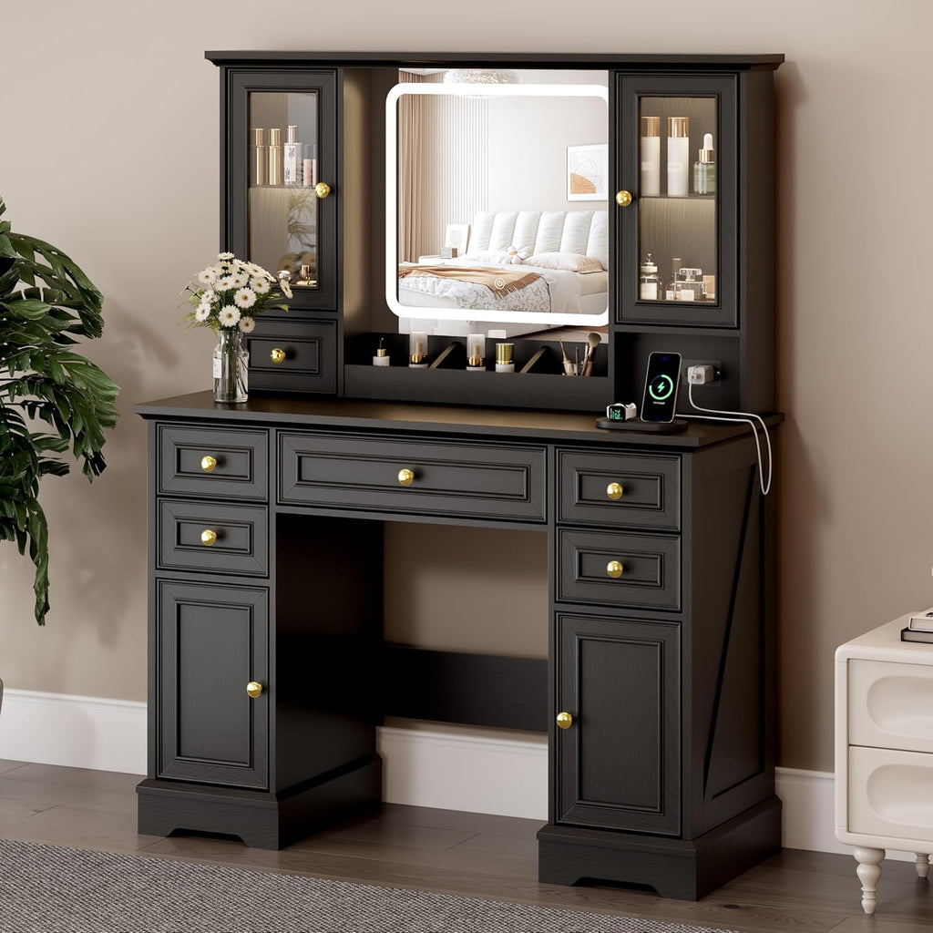 Vanity Desk with Mirror & Lights, Makeup Vanity with Power Outlet & USB Ports, Farmhouse Dressing Table, 6 Drawers & 4 Storage Cabinets, RGB Cabinet Lighting, 3-Color Dimmable Mirror