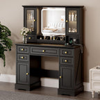 Vanity Desk with Mirror & Lights, Makeup Vanity with Power Outlet & USB Ports, Farmhouse Dressing Table, 6 Drawers & 4 Storage Cabinets, RGB Cabinet Lighting, 3-Color Dimmable Mirror