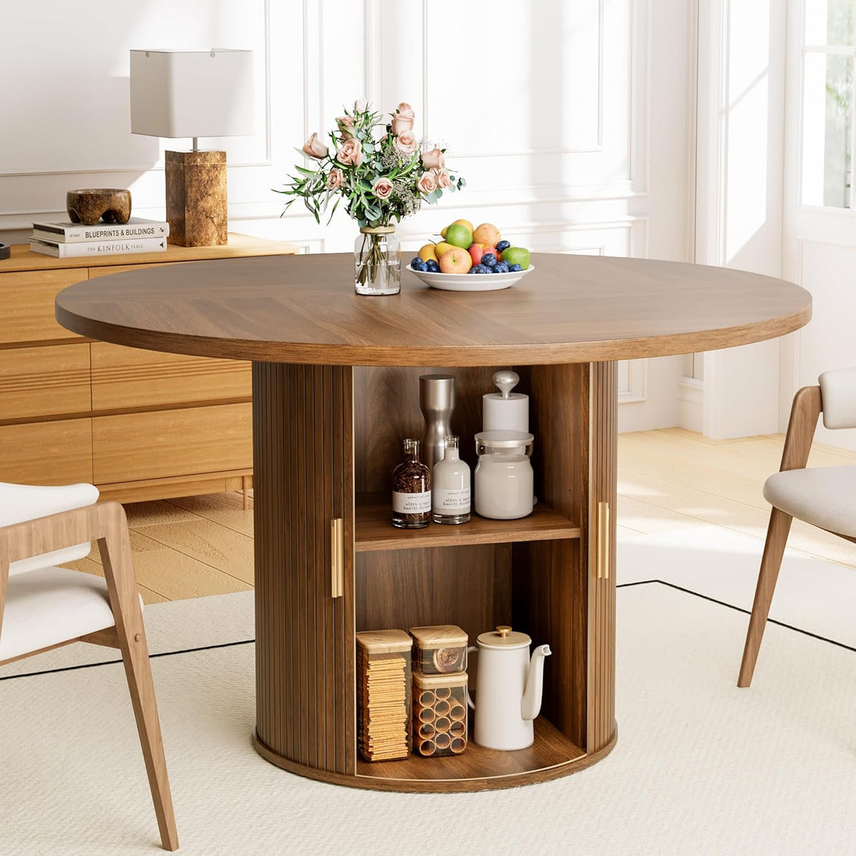 47" Round Dining Table for 4-6, Space-Saving Dining Room Table with Core Rolling Shutter Storage Shelf and Thick Tabletop, Wood Grain Dinner Table for Kitchen, Dining Room, Living Room, Walnut