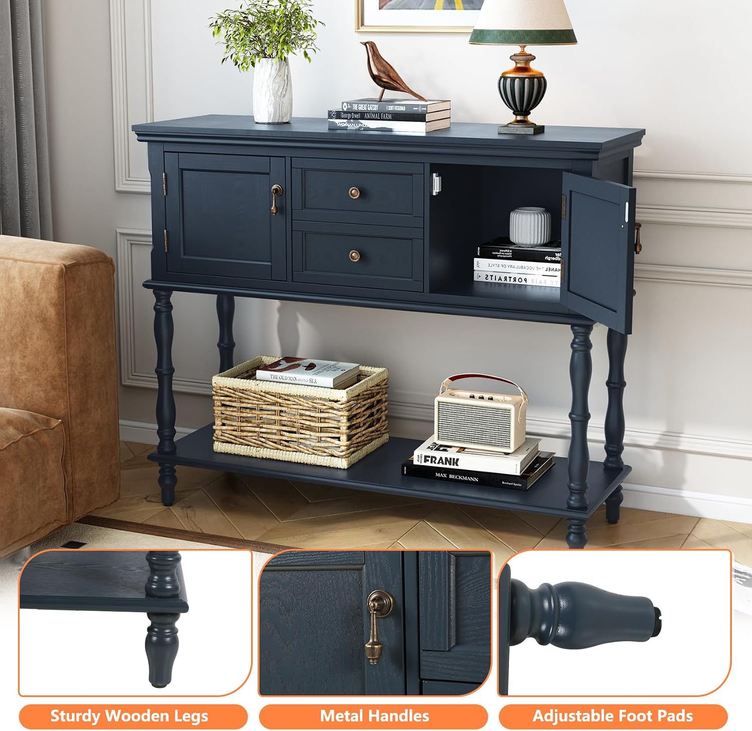 ARTPOWER Console Table with 2 Drawers, Retro Entryway Table with 2 Door | Solid Wood Veneer Entry Table, Behind Couch Sofa Table with Open Storage Shelf for Living Room, Foyer, Hallway