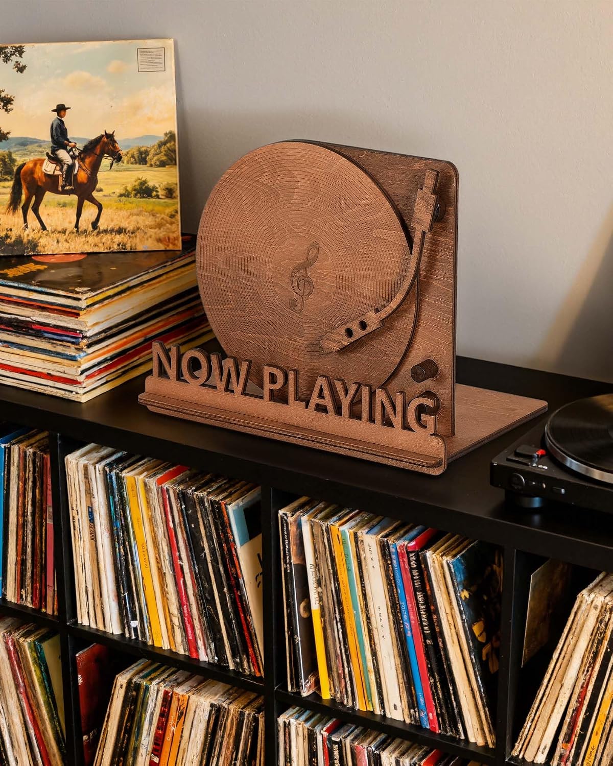 BS-VOG Now Playing Vinyl Record Stand, Tabletop Holder, Gift for LP Lover | Displays Current Album, Real Vinyl-Like Groove Feel, Easy to Assembly, Now Spinning Vinyl Stand Storage for Albums Magazine