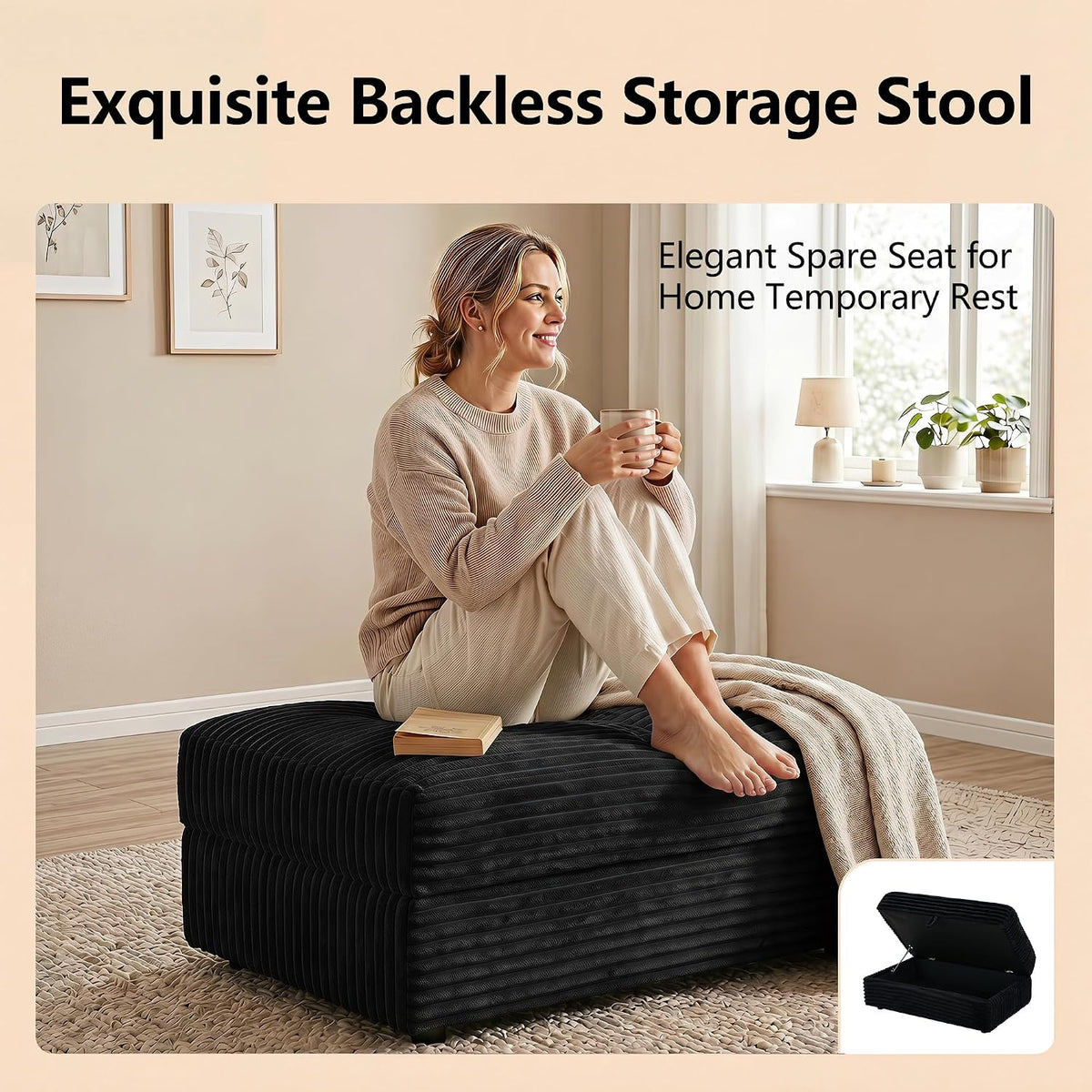 Modern Corduroy Sofa Storage Ottoman, Upholstered Memory Foam Footrest (Black Footrest)