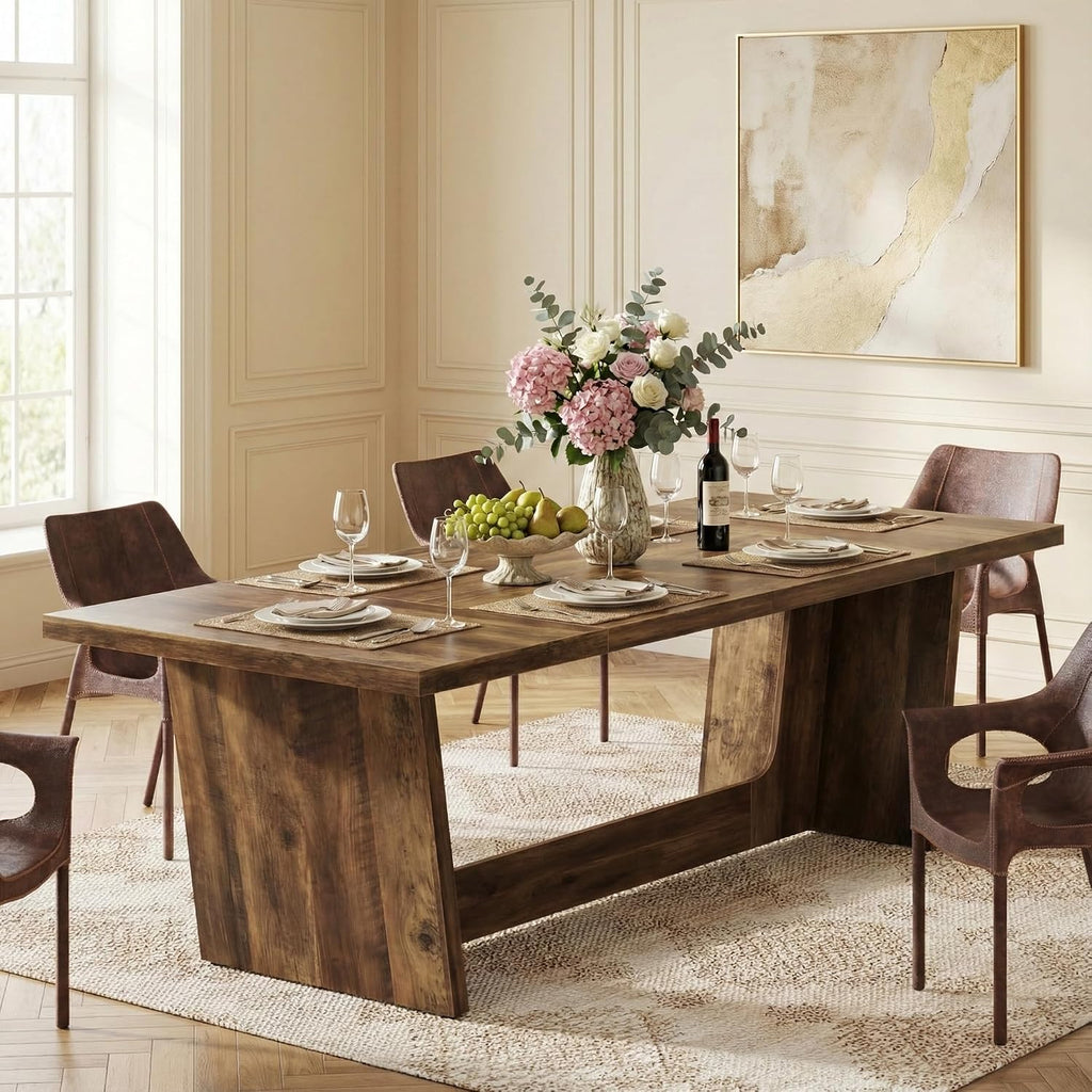 Lailang 71 Inch Dining Table, Rectangular Kitchen Tables, Pedestal Dinner Tables, Rustic Wood Dining Tables, Dining Room Table for 8, Large Table, 71 x 31 x 30 Inch, Rustic Brown