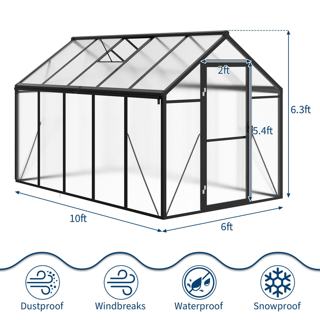 Garvee 6 x 10 FT Greenhouse, Greenhouses for Outside, Polycarbonate Greenhouse with Aluminum Frame, Lockable Door and Ajustable Roof Vent for Backyard, Green Houses for Outside Garden Backyard, Patio