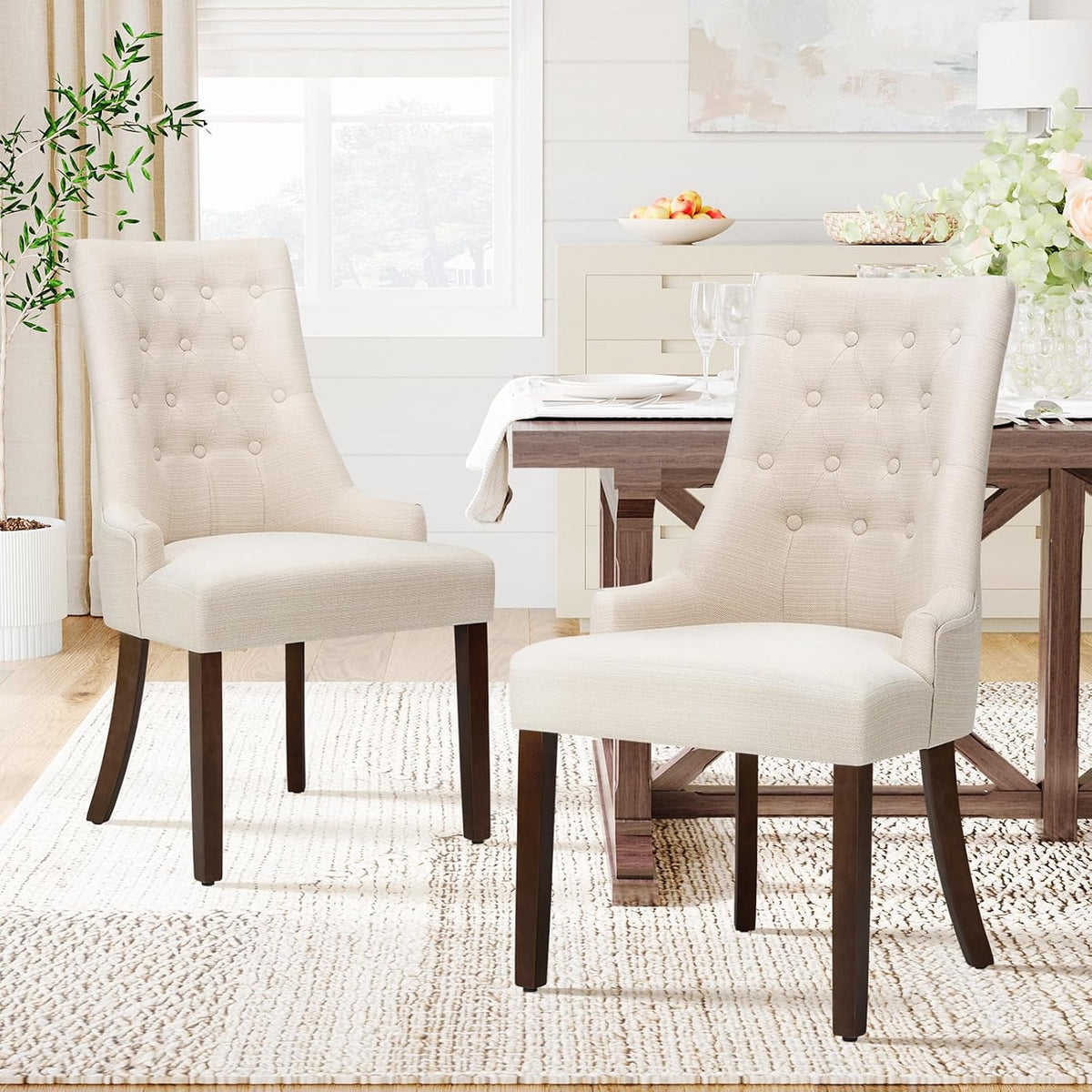 COLAMY Fabric Side Dining Chairs Set of 2, Wingback Upholstered Dining Room Chairs with Tufted Button, Living Room Chairs for Home Kitchen, Beige