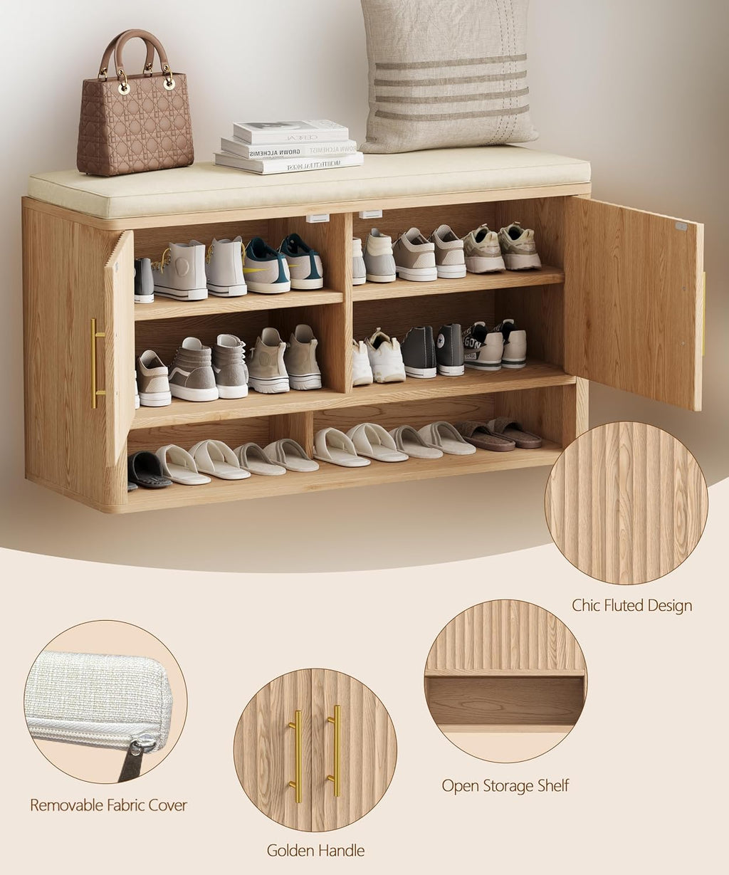 Fluted Shoe Storage Bench, Entryway Bench with Adjustable Shelves | Hidden Shoe Cabinet Storage with Cushion and Open Bottom Shelf, for Entryway, Hallway, Living Room, Bedroom, Natural Oak