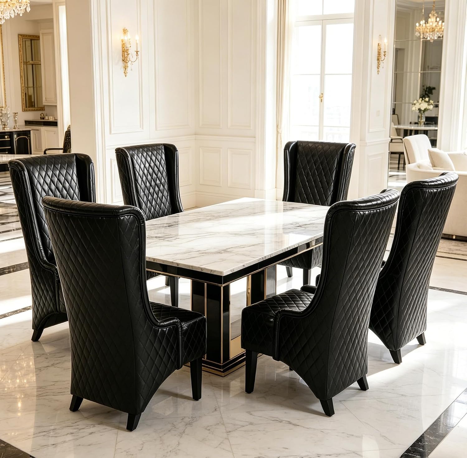 Henf High Back Dining Chair Set of 2, Upholstered Wing Back Dining Chairs King Throne Royal Chair, Retro Accent Dinner Chairs for Dining Room, Dressing Room, Bedroom, Living Room, Black PU Leather