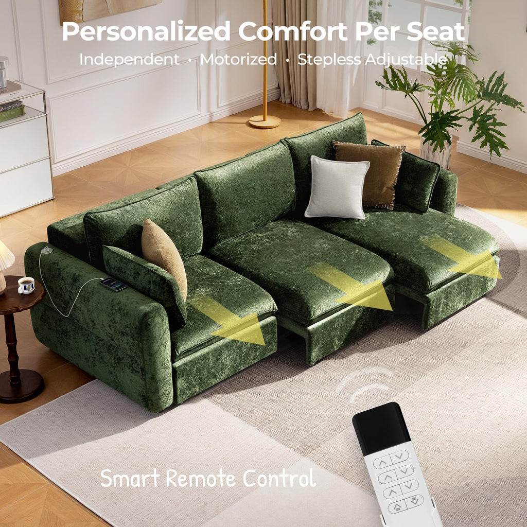 103" Electric Pull Out Sleeper Sofa Bed, 2in1 Power Extendable Couch Bed | Velvet Green, Fast Charging USB Port, 3 Smart Motor, Wide Backrest, Oversized Convertible Couches for Living Room Small Space