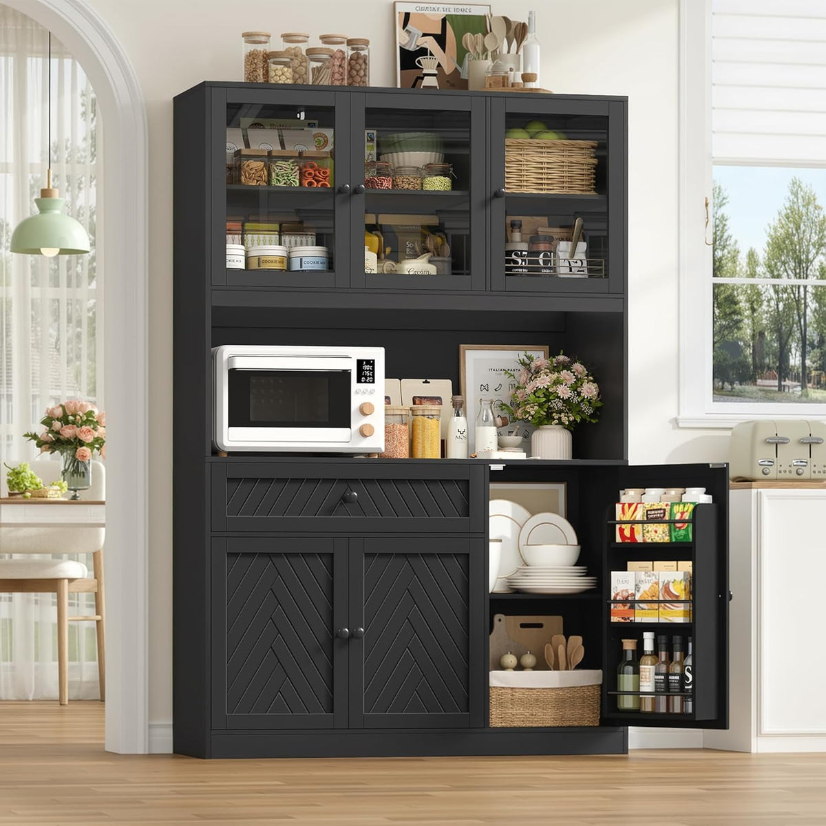 BOTLOG 72” Tall Kitchen Pantry Storage Cabinet, Modern White Kitchen Hutch with Large Storage Drawer, Countertop, Adjustable Shelves, Food Pantry Cabinets for Dining Room, Living Room (Black)