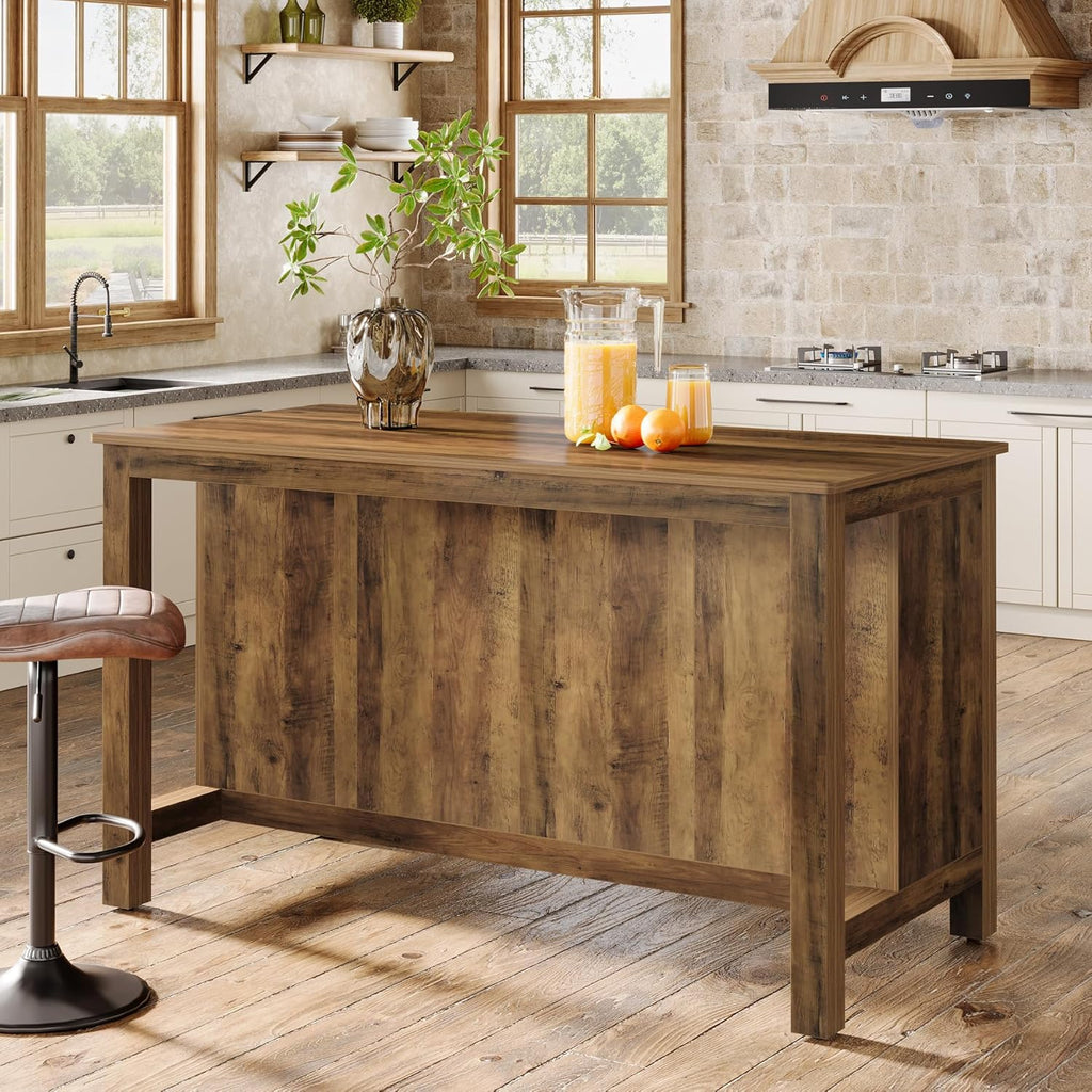 Tribesigns Kitchen Island with Seating and Storage, 59-Inch Large Farmhouse Stationary Island Table for Kitchen, 3-Tier Counter Height Coffee Bar Tables for Dining Room, Rustic Brown