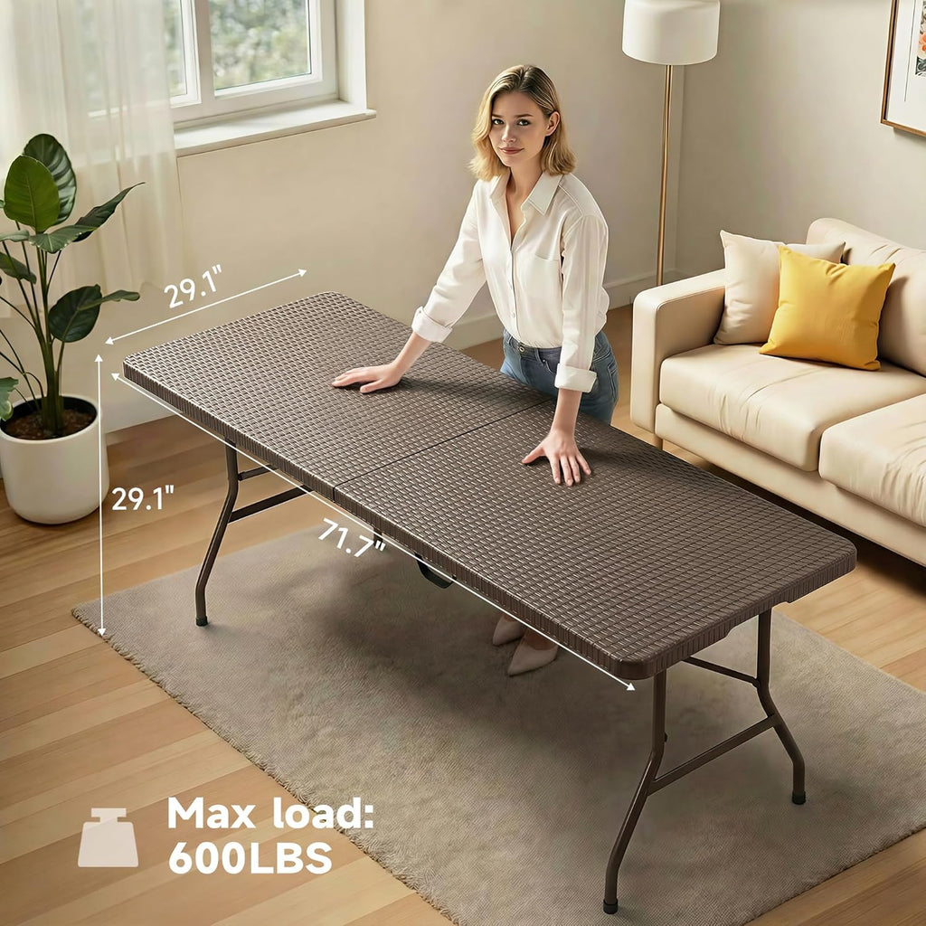 Folding Table 6 Foot, Heavy Duty 600 LBS Capacity, HDPE Wicker Pattern, Sturdy Design with Safety Lock, Portable Tables Folding for Camping, Party, Indoor & Outdoor Use, 2 Pack