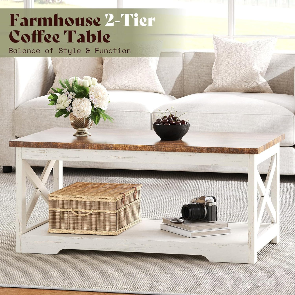 AMERLIFE 4-Piece Farmhouse Living Room Furniture Set with 66" TV Stand, Coffee Table & 2 End Tables, Barn Door Design, Large Storage Shelves, Built-in Charging Station & USB Ports, Distressed White