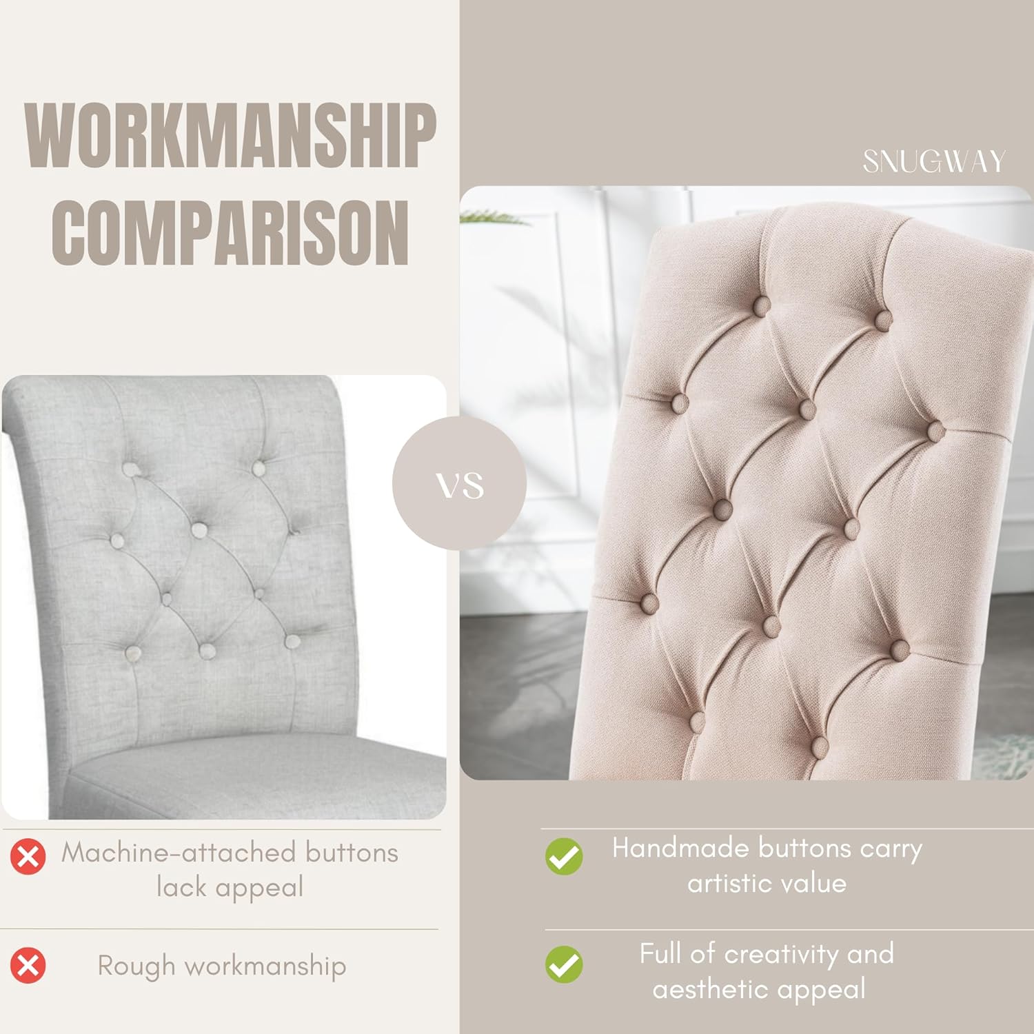 Tufted Upholstered Parsons Dining Chair Set Fabric Diner Accent Stylish Modern Kitchen Living Room with Button Sturdy Solid Wood Legs, 2-Pack