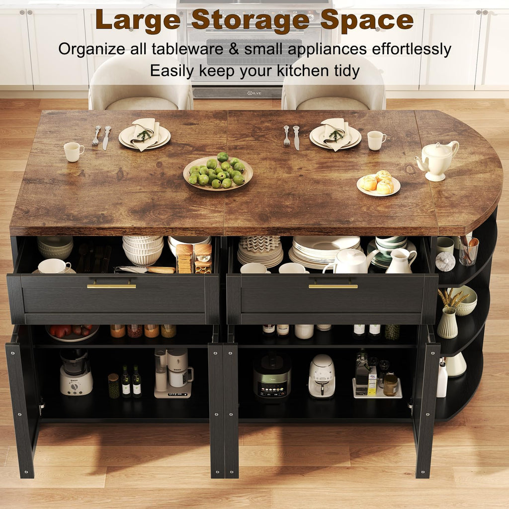 HSH 63 Inch Large Kitchen Island with Storage and Seating, Rustic Brown | Stationary Island Table with Storage Drawers, Cabinets, Oval Open Shelves, Wood Counter Prep Island for Kitchen Dining Room