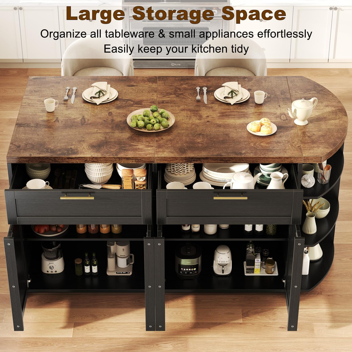 HSH 63 Inch Large Kitchen Island with Storage and Seating, Rustic Brown | Stationary Island Table with Storage Drawers, Cabinets, Oval Open Shelves, Wood Counter Prep Island for Kitchen Dining Room
