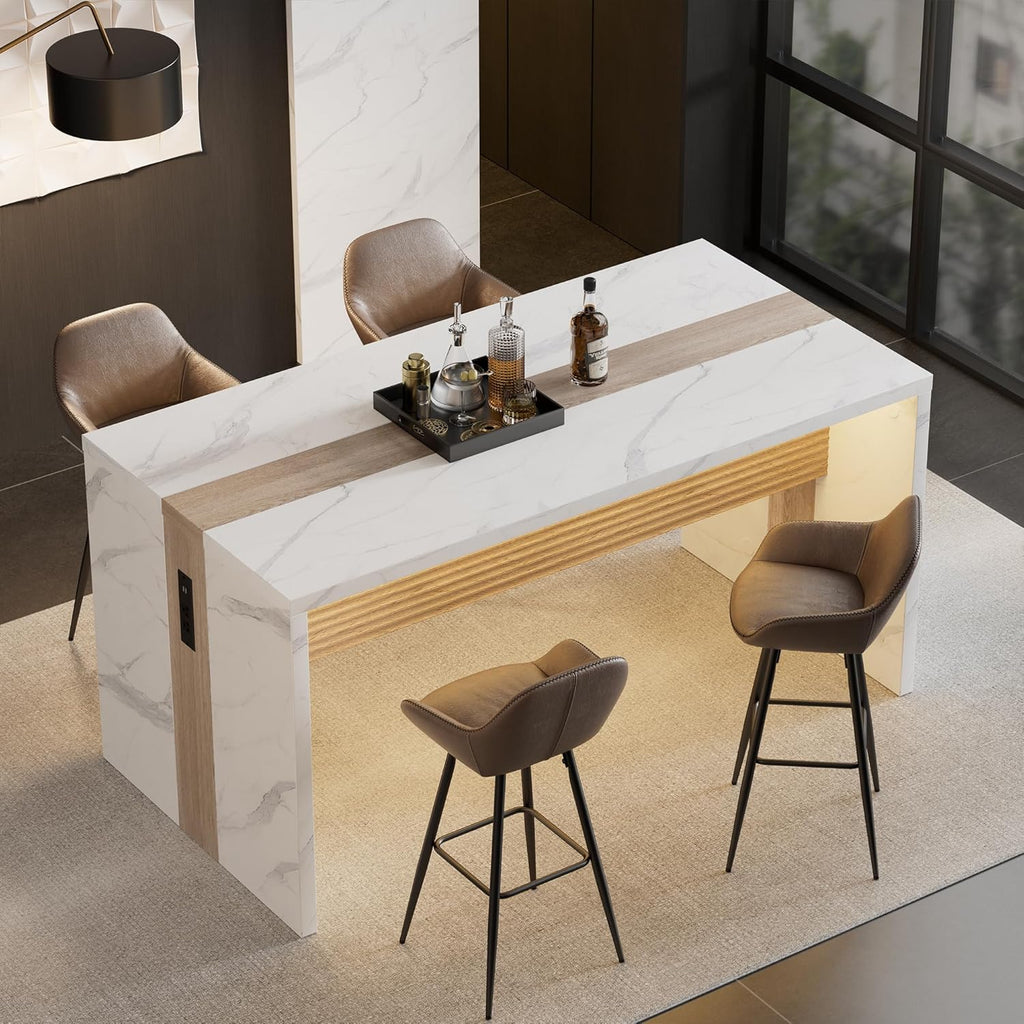 63" Marble Kitchen Table for 4-6, Island Table for Kitchen with RGB Led Lights, Mordern Faux Marble Stripes Kitchen Dining Table with Charging Station for Dinner and Living Room