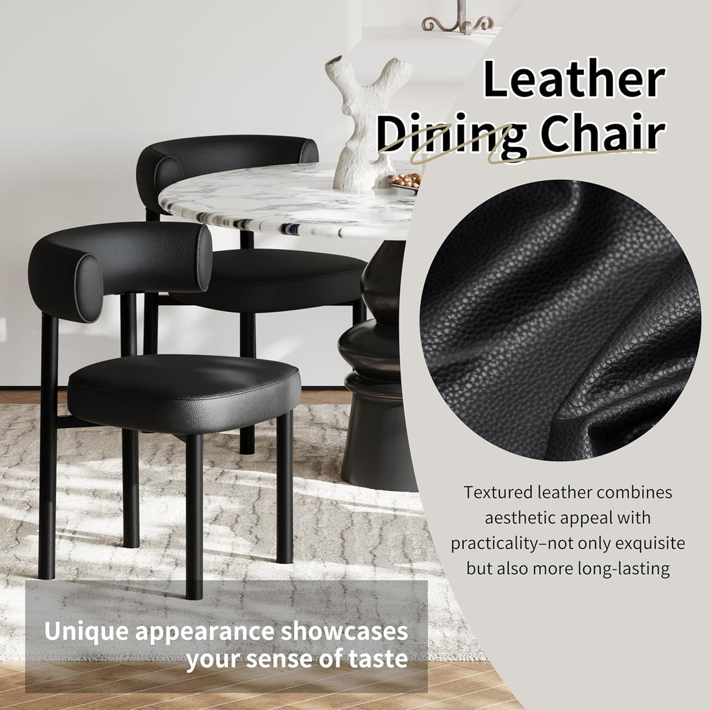 Dining Chairs Set of 4, Mid-Century Dining Room Chair, Carbon Steel Legs, Upholstered Seat, Textured Leather, Ergonomic Curved Backrest, Modern for Kitchen, Restaurant (Black-4)