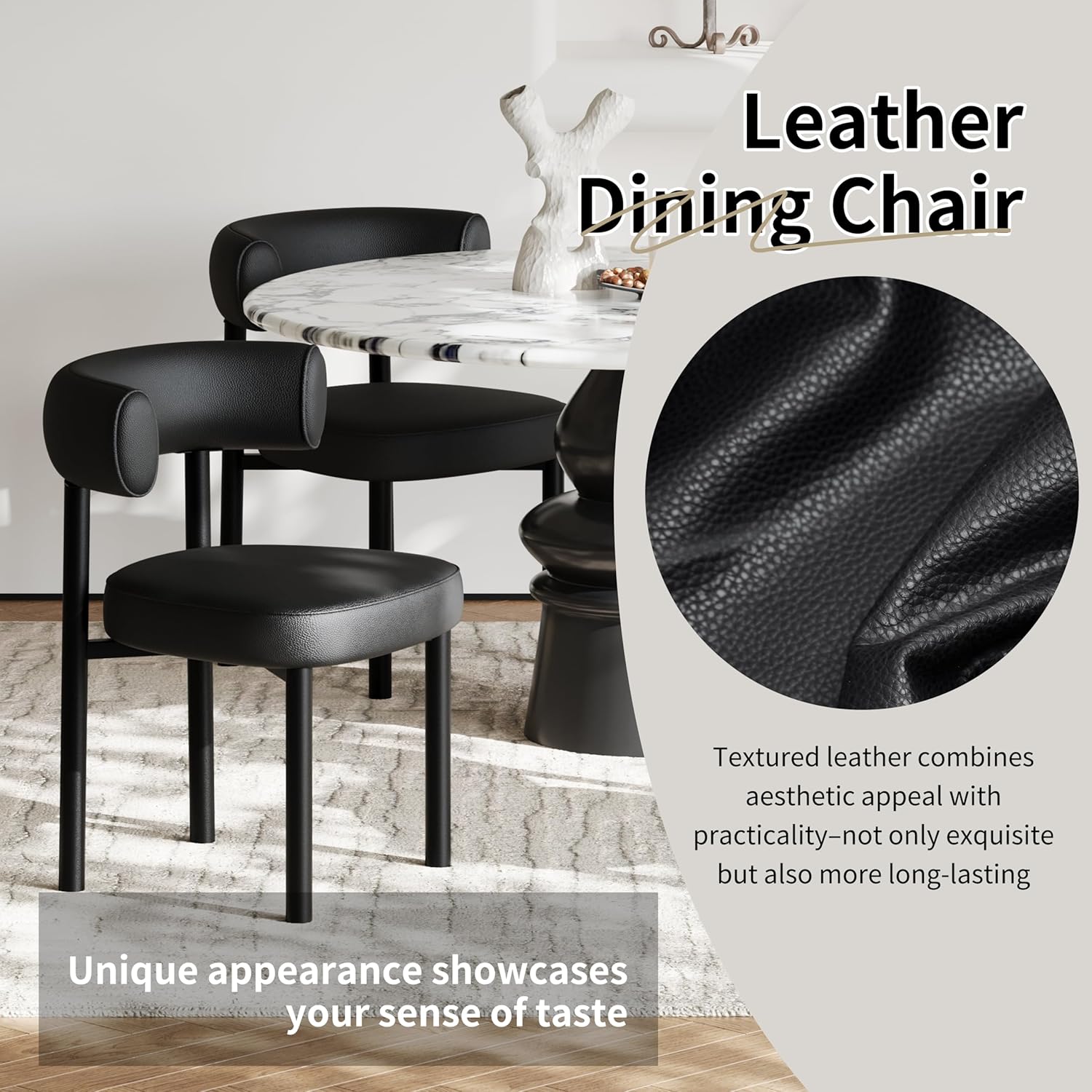 Dining Chairs Set of 4, Mid-Century Dining Room Chair, Carbon Steel Legs, Upholstered Seat, Textured Leather, Ergonomic Curved Backrest, Modern for Kitchen, Restaurant (Black-4)
