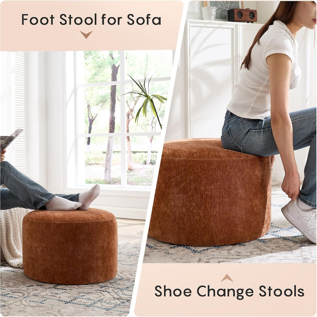 Flouki Pouf Ottoman Footrest, Foot Stools, Modern Round Upholstered Ottomans, Ottomans Pouffe, for Living Room, Bedroom, Entryway, Dorm, Selected Fabric (Orange-Brown, Set of 2)