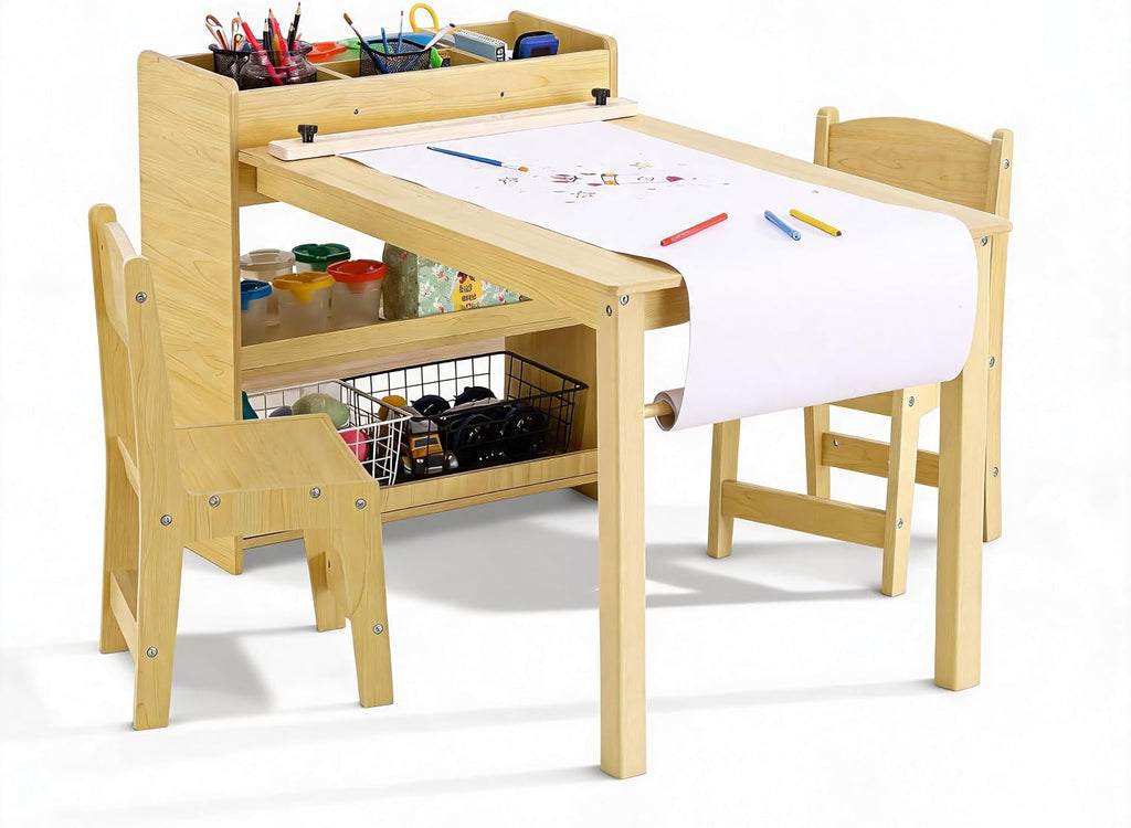 PlayfulPals Kids Art Table with 2 Chairs Set, Toddler Craft Desk with Storage Shelves, Drawing Table with Paper Roller Yellow