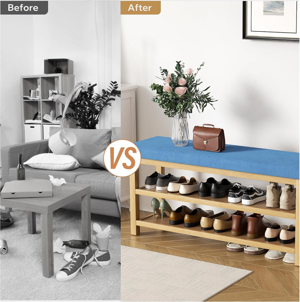 2 Tier Shoe Rack Bench with Cushion, Rubberwood Shoe Benches, Mid-Century Modern Shoe Storage Bench for Entryway, Hallway, Living Room, Closet, Front Door Entrance, Blue