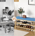 2 Tier Shoe Rack Bench with Cushion, Rubberwood Shoe Benches, Mid-Century Modern Shoe Storage Bench for Entryway, Hallway, Living Room, Closet, Front Door Entrance, Blue