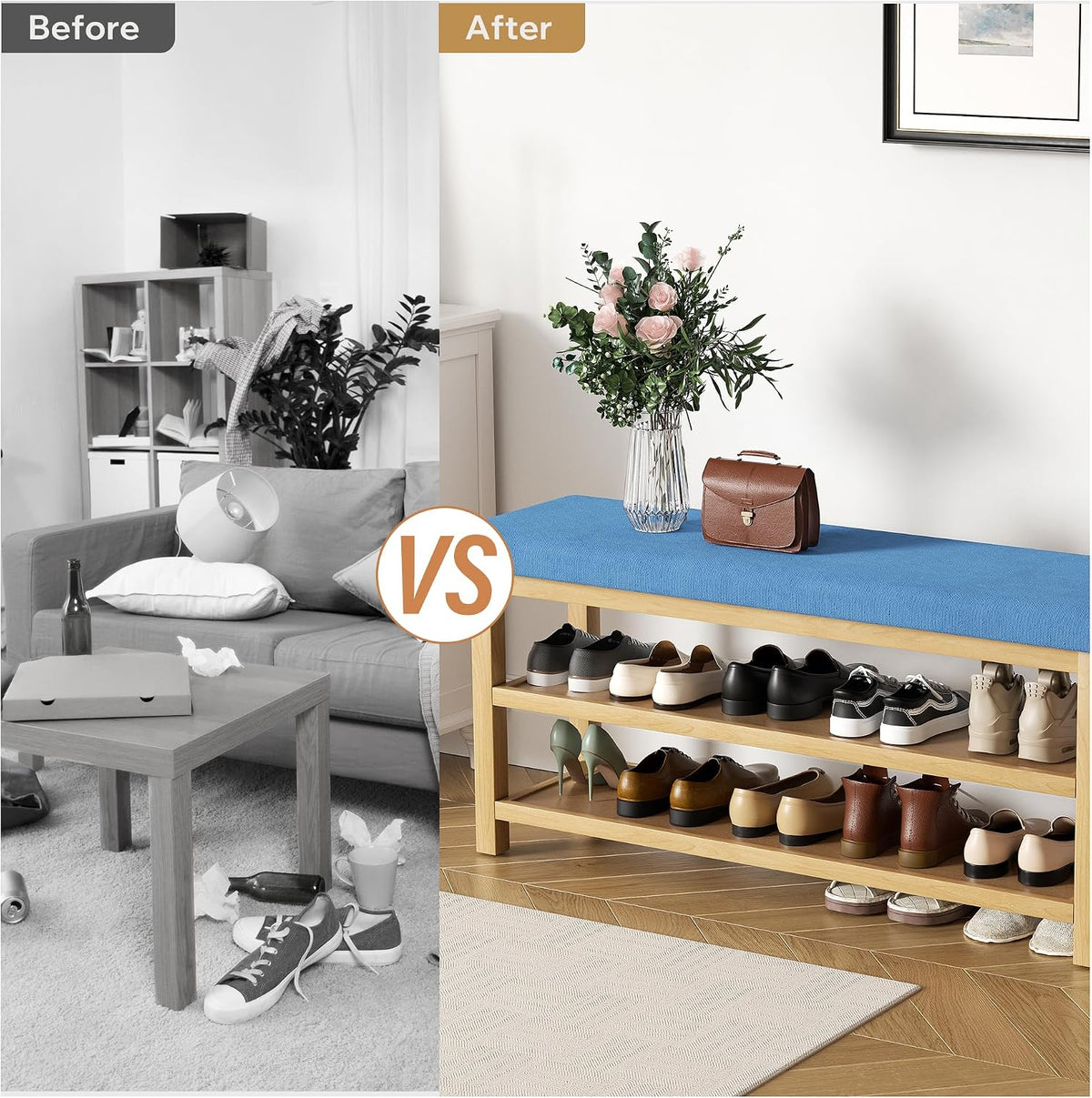 2 Tier Shoe Rack Bench with Cushion, Rubberwood Shoe Benches, Mid-Century Modern Shoe Storage Bench for Entryway, Hallway, Living Room, Closet, Front Door Entrance, Blue