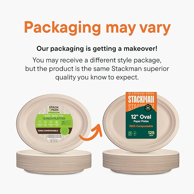 100% Compostable Oval Paper Plates [50-Pack] - {PFAS-Free} - {BPI Certified} - [12 Inch] Heavy Duty, Eco-Friendly, Biodegradable Bagasse Platters - Natural Brown 12" Oval Platter Plates by Stack Man