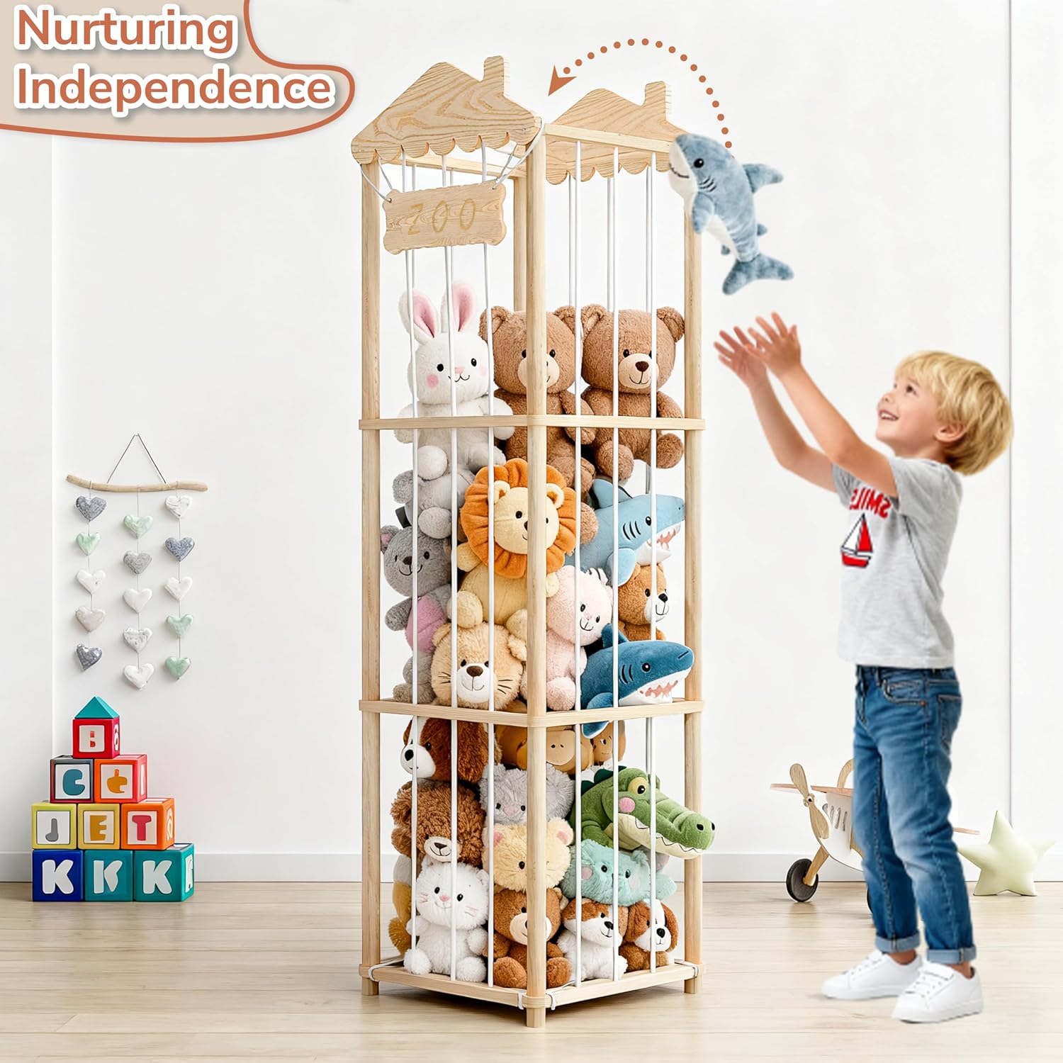 AMBIRD Stuffed Animal Storage, Wood Stuffed Animal Zoo Holder, Large Kids Toy Organizers, Plushies Storage for Boys Girls Bedroom, Playroom, Nursery (15.75 x 15.75 x 55 inch)