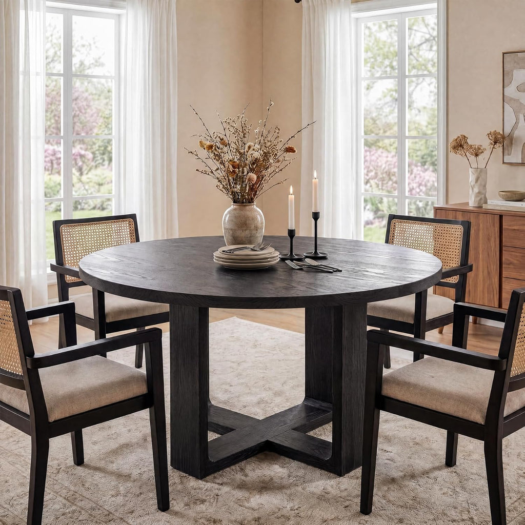 47.24" Black Round Dining Table for 4–6 People, Solid Wood Kitchen Table with 1.18" Thick Wooden Tabletop & Stable Cross-Shaped Base for Dining Room, Pure Black