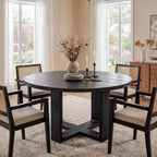 47.24" Black Round Dining Table for 4–6 People, Solid Wood Kitchen Table with 1.18" Thick Wooden Tabletop & Stable Cross-Shaped Base for Dining Room, Pure Black