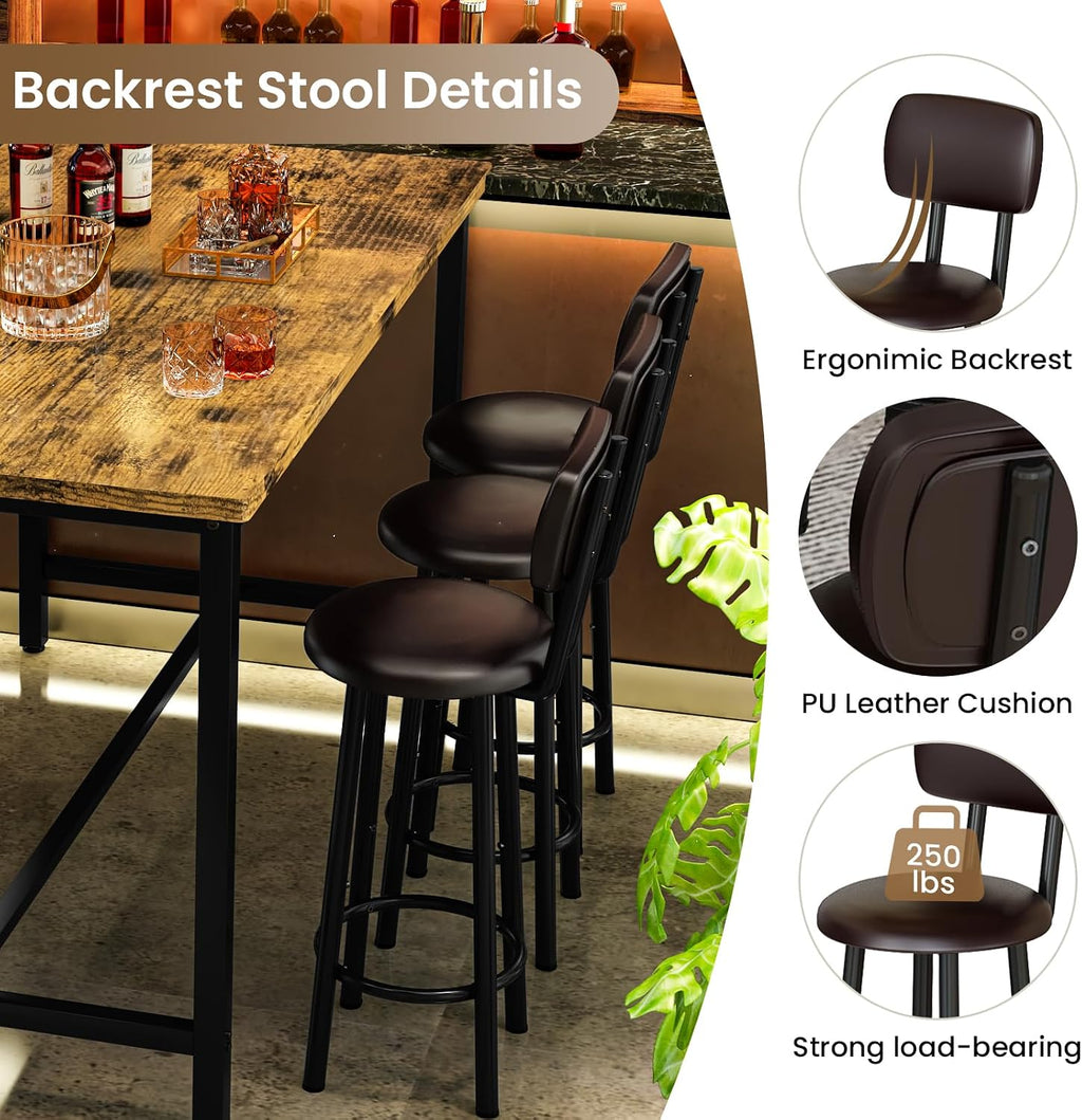 Recaceik 50" Dining Table Set for 6, 7-Piece Counter Height Bar Table Set with Upholstered Stools, Space-Saving Modern Pub Set for Kitchen, Breakfast Nook & Home Bar, Rustic Brown