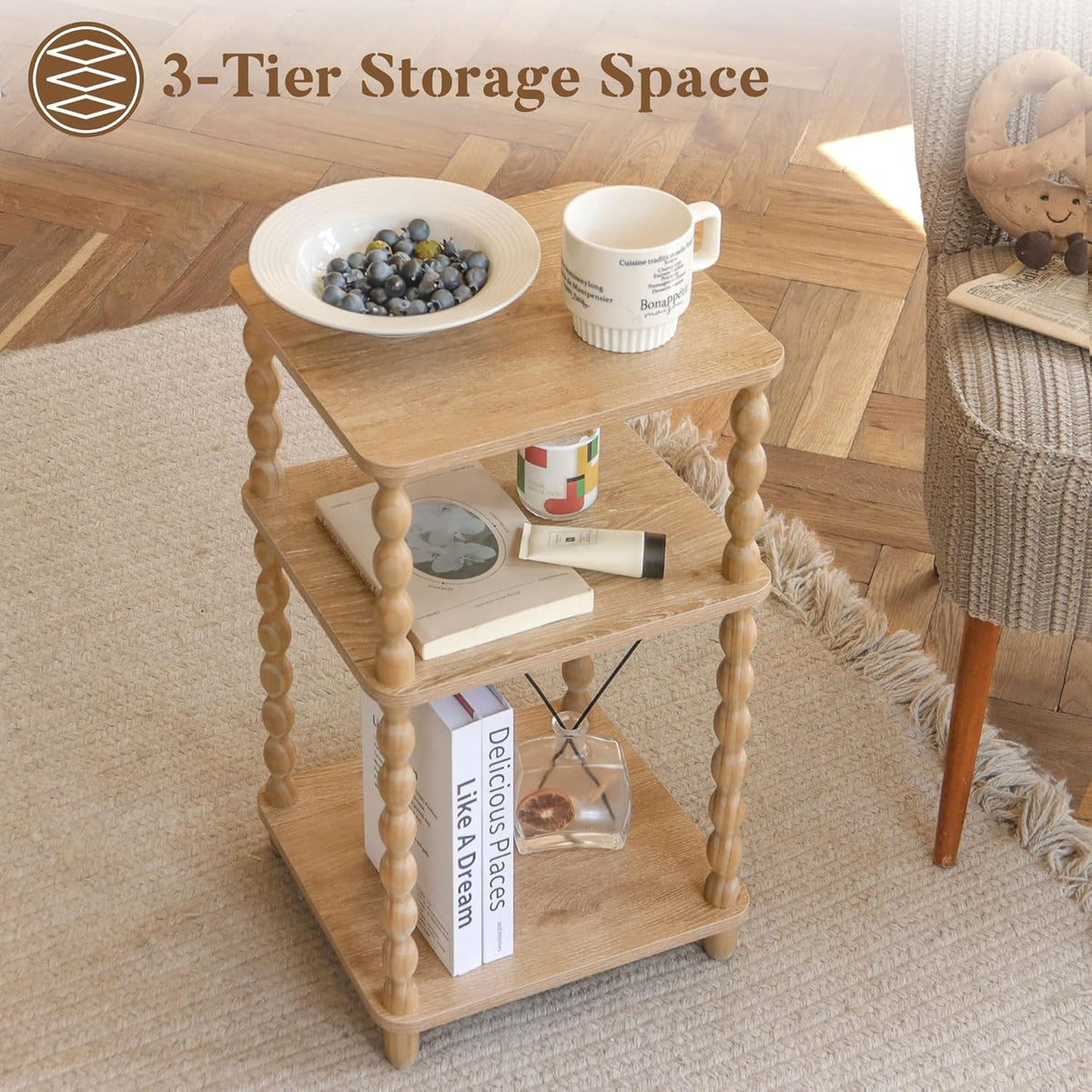 Fultyle End Table, Modern Side Table with 3 Tier Open Shelf, Small Table Bed Side Tables Bedroom for Small Spaces, Living Room and Office (Rustic Walnut)