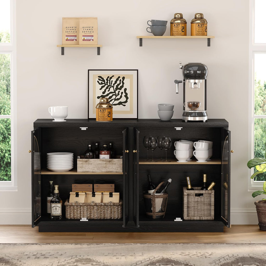 Arched Sideboard Buffet Cabinet with 4 Doors, Modern Accent Storage Cabinet with Adjustable Shelves, Boho Console Table Bar Cabinet Storage Credenza for Living Room, Black/Oak