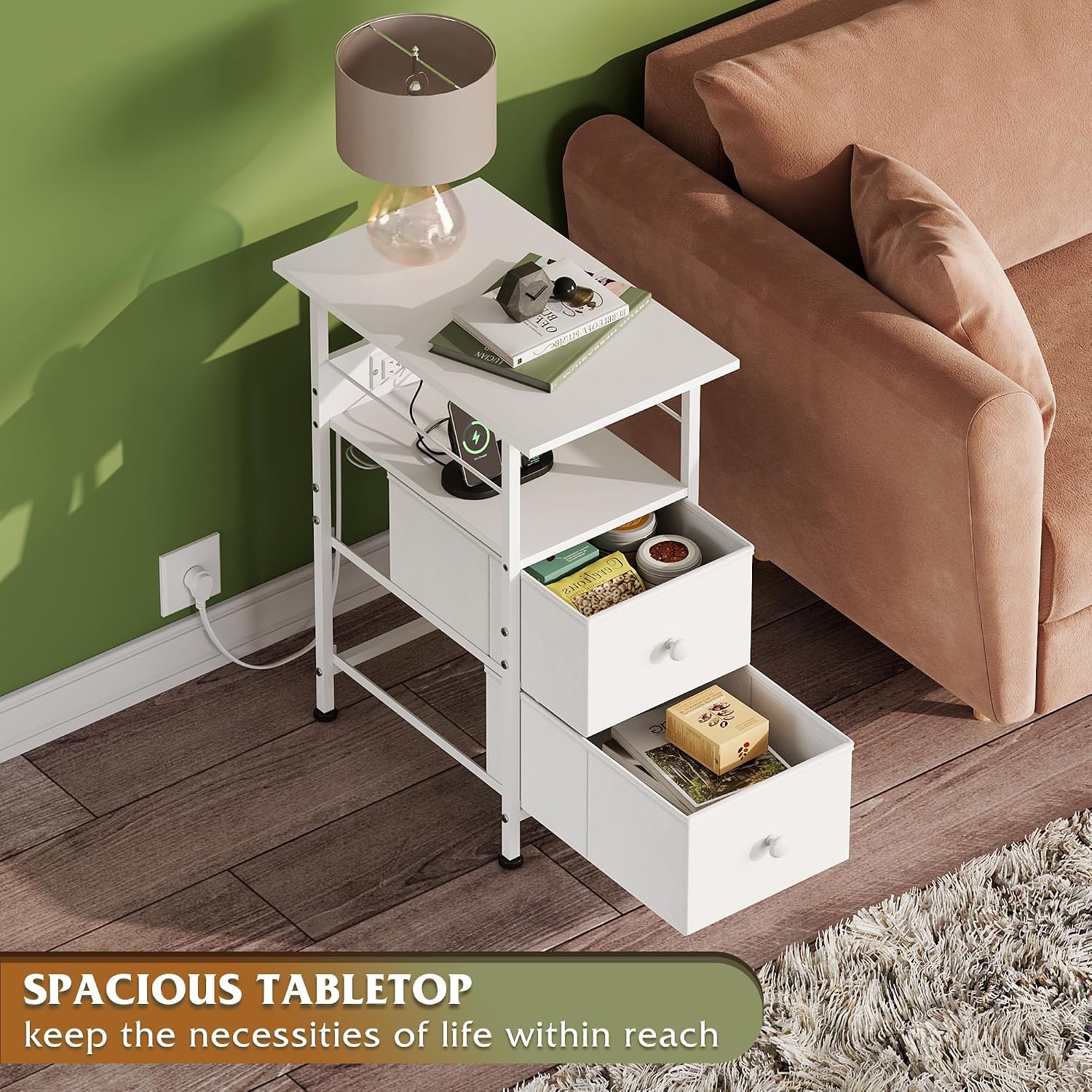 WLIVE Nightstand Set of 2 with Charging Station, End Table Sets with LED Lights, 2 Fabric Drawers and Open Shelf, Bed Side Tables Living Room, Small Space, Night Stand for Bedroom，White