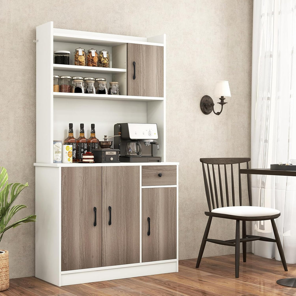 COSTWAY Kitchen Pantry Storage Cabinet, 71" Freestanding Tall Hutch Cabinet with Charging Station, Microwave Stand, Adjustable Shelves, Modern Buffet Cabinet with Hutch for Dining Room, Kitchen, White