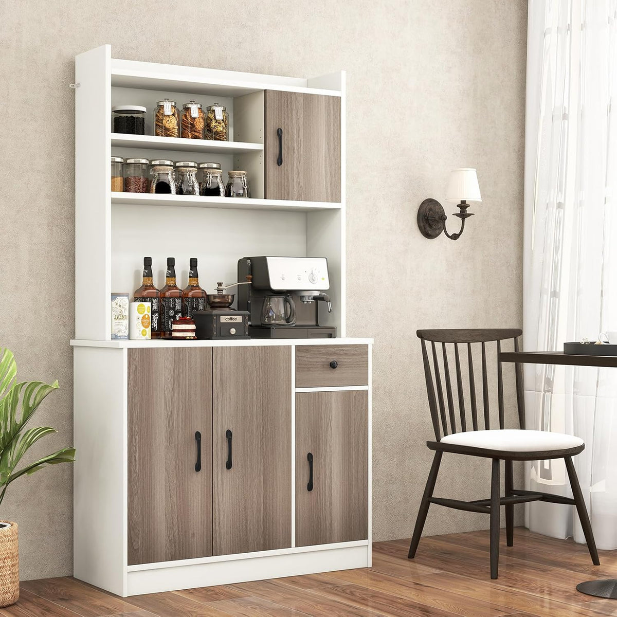 COSTWAY Kitchen Pantry Storage Cabinet, 71" Freestanding Tall Hutch Cabinet with Charging Station, Microwave Stand, Adjustable Shelves, Modern Buffet Cabinet with Hutch for Dining Room, Kitchen, White