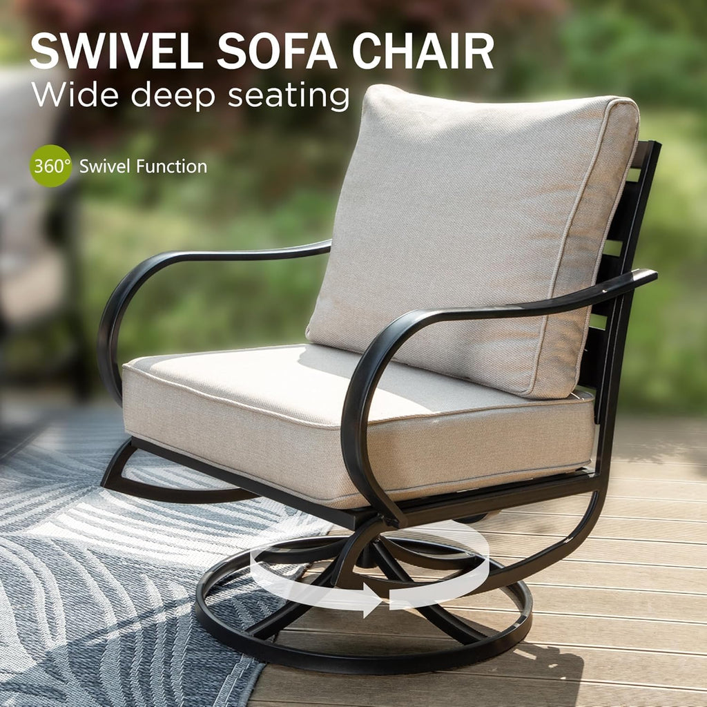 PHI VILLA Metal Swivel Patio Chairs Set of 2, High Back Steel Outdoor Chairs with 5.75" Extra Thick Cushion, 2 Piece All Weather Deep Seat Outdoor Front Porch Seating Furniture for Deck Balcony, Beige