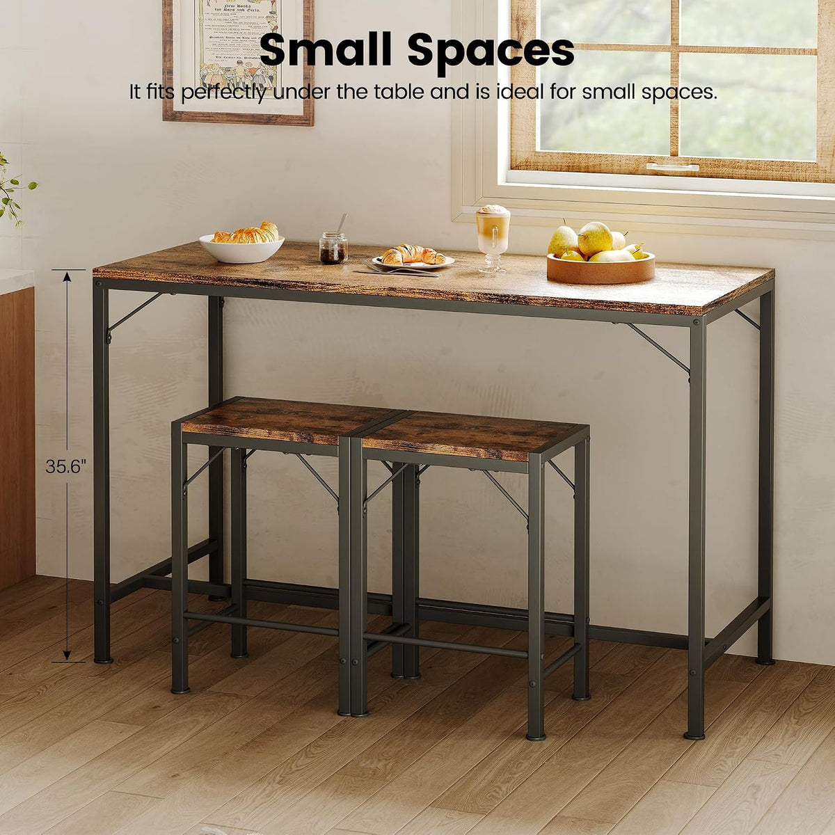 Homeiju Bar Table and Chairs Set, Dining Table with 2 Stools | Space-Saving Pub Table and Chairs, Perfect for Kitchen, Breakfast Nook, Living Room & Small Spaces (Rustic Brown)